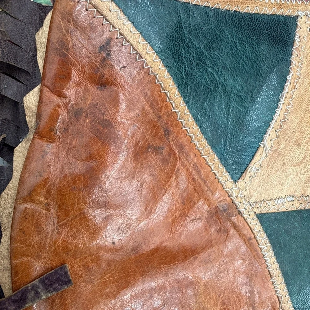 Vintage Leather Patchwork Throw Pillow Zip Southwestern‎ Round 17